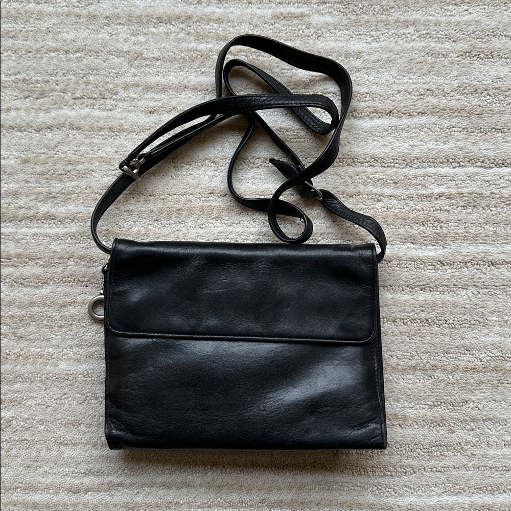 Perlina Crossbody Organizer Bag Black Leather Purse Wallet Combination Travel